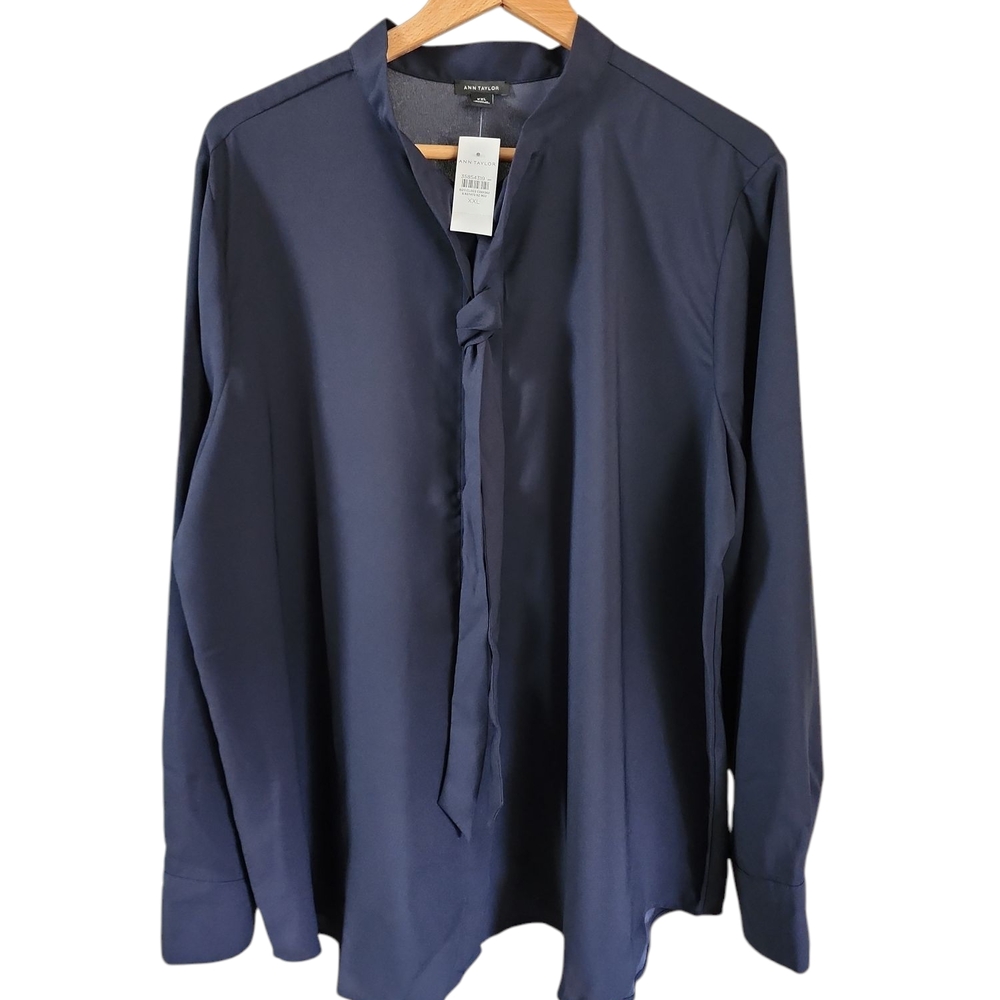 NWT Ann Taylor Sheer Longsleeve Navy Blouse